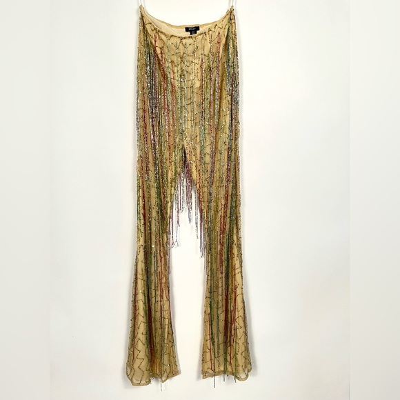 Nasty Gal Yellow Tan Tassel Beaded Sequin Flare Pants NWT sz 8 - Picture 2 of 15